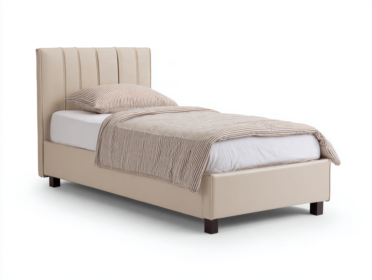 Lit simple - Similicuir-Bois - 205 x 97 x 118 cm - Beige-Marron foncé - Style contemporain