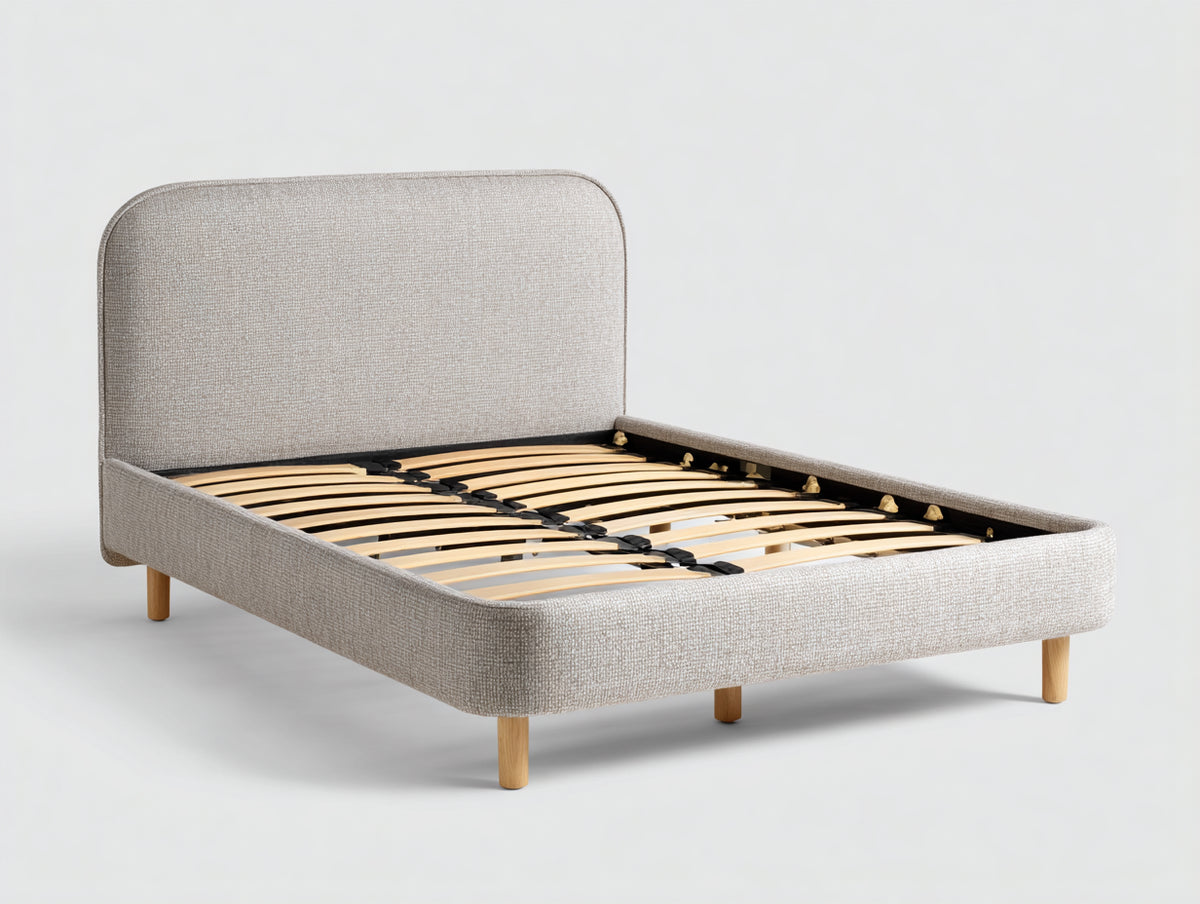 Lit double - tissu-bois - 215 x 170 x 110 cm - beige clair - style moderne