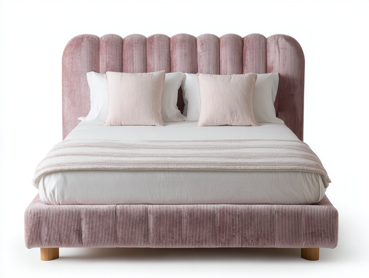 Lit double - tissu-bois - 220 x 180 x 125 cm - rose poudré - style contemporain