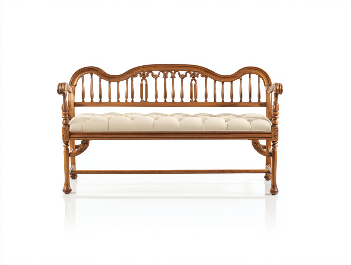 Banc de jardin - Bois-Tissu - 188 x 66 x 93 cm - Bois miel-Crème - Style classique ornementé