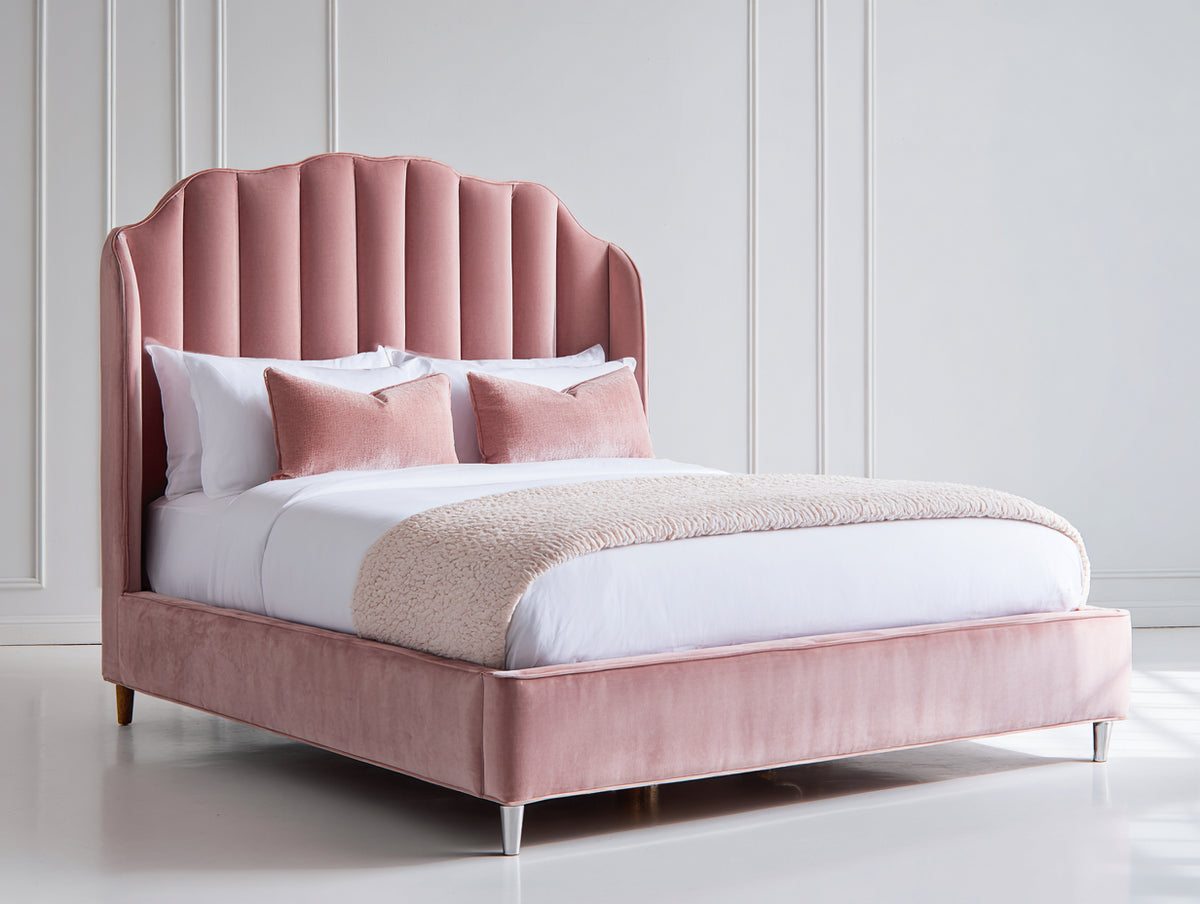 Lit double - velours-bois - 220 x 180 x 130 cm - rose poudré - style élégant