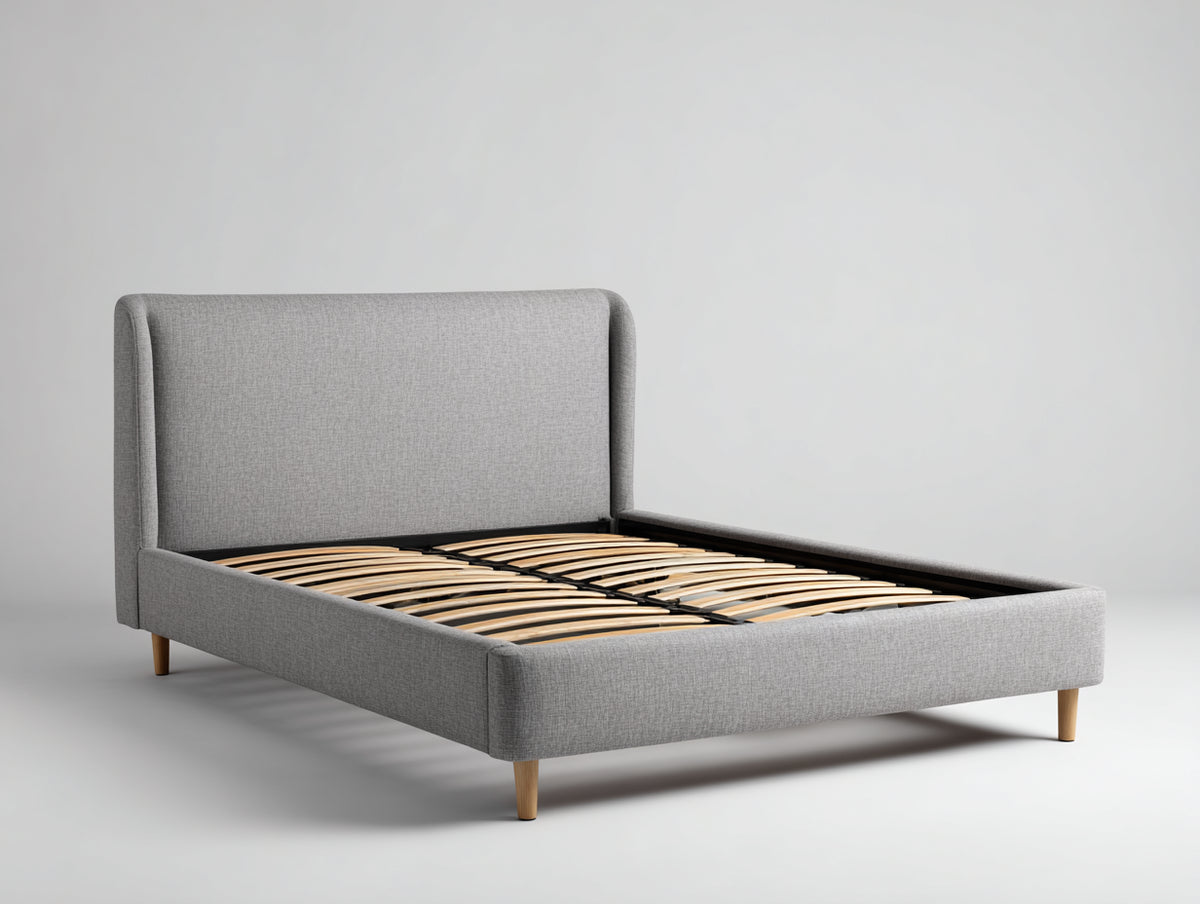 Lit double - tissu-bois - 214 x 168 x 108 cm - gris clair - style contemporain