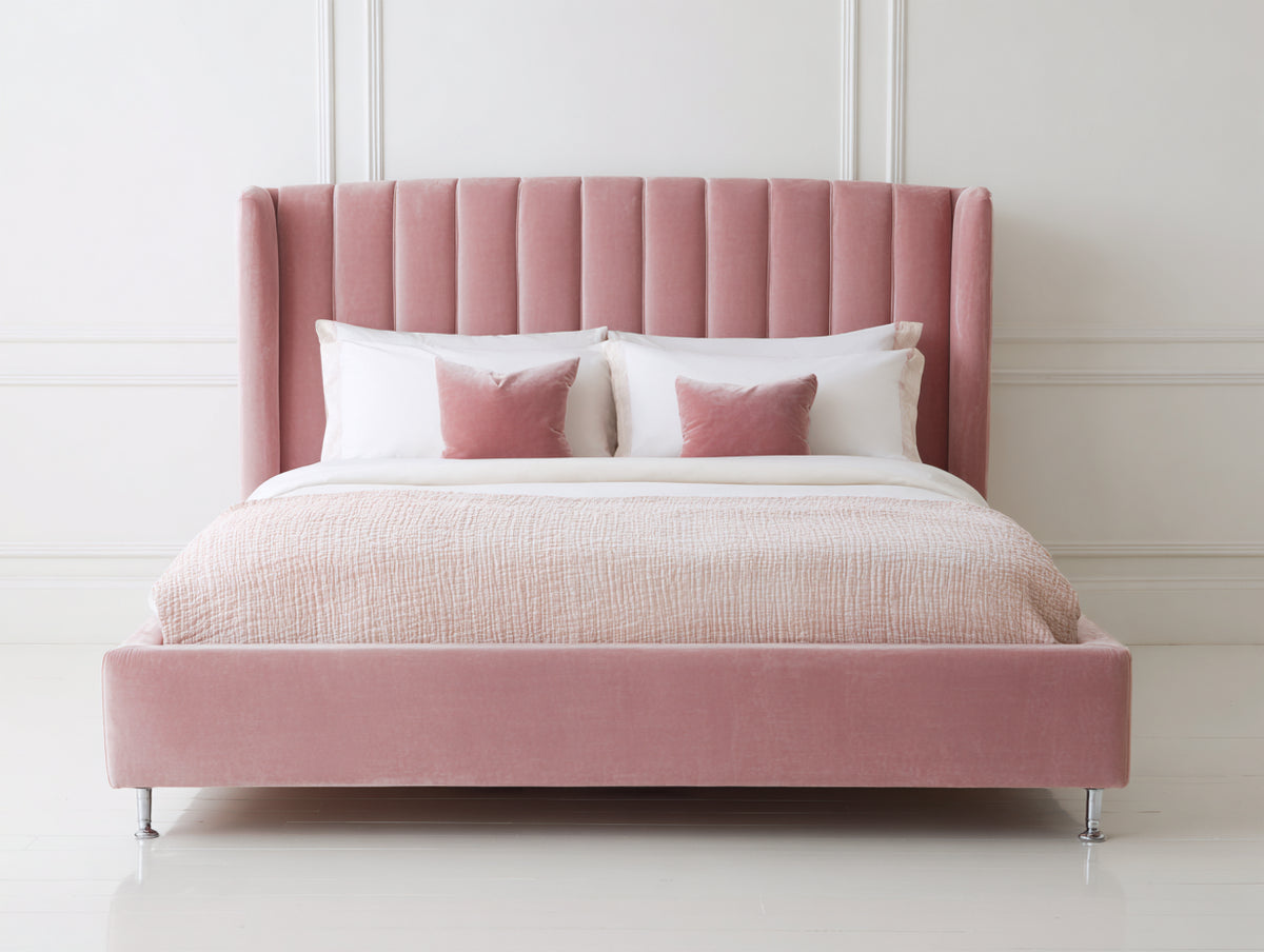 Lit double - velours-bois-métal - 220 x 190 x 130 cm - rose poudré - style élégant