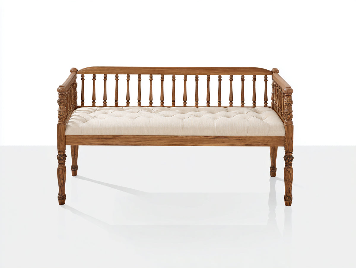 Banc de jardin - Bois-Tissu - 183 x 65 x 91 cm - Bois naturel-Crème - Style vintage à détails sculptés