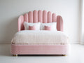 Lit double - velours-bois-métal - 220 x 190 x 132 cm - rose poudré - style élégant