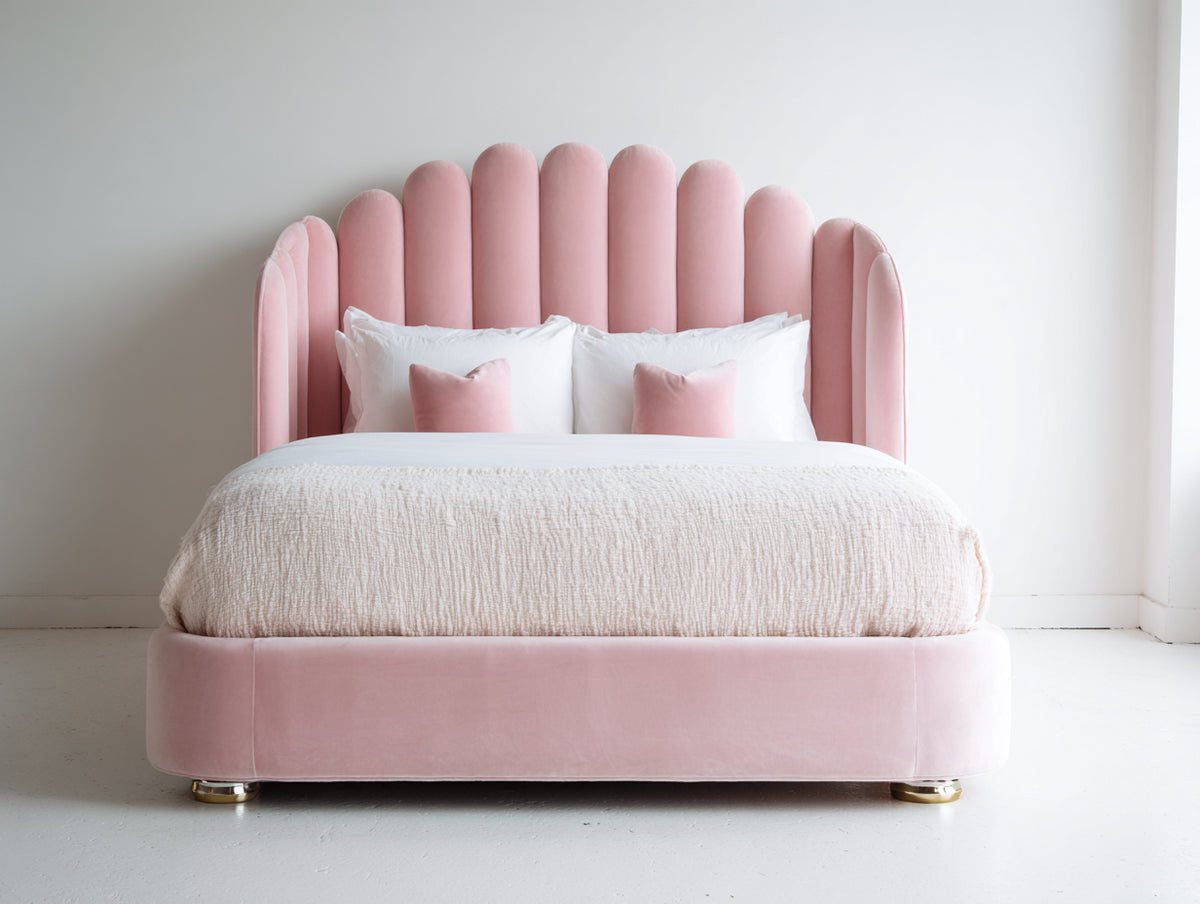 Lit double - velours-bois-métal - 220 x 190 x 132 cm - rose poudré - style élégant