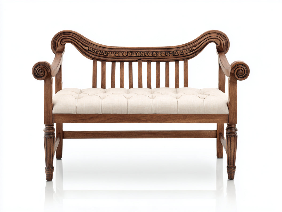 Banc de jardin - Bois-Tissu - 146 x 64 x 98 cm - Marron-Crème - Style néoclassique sculpté