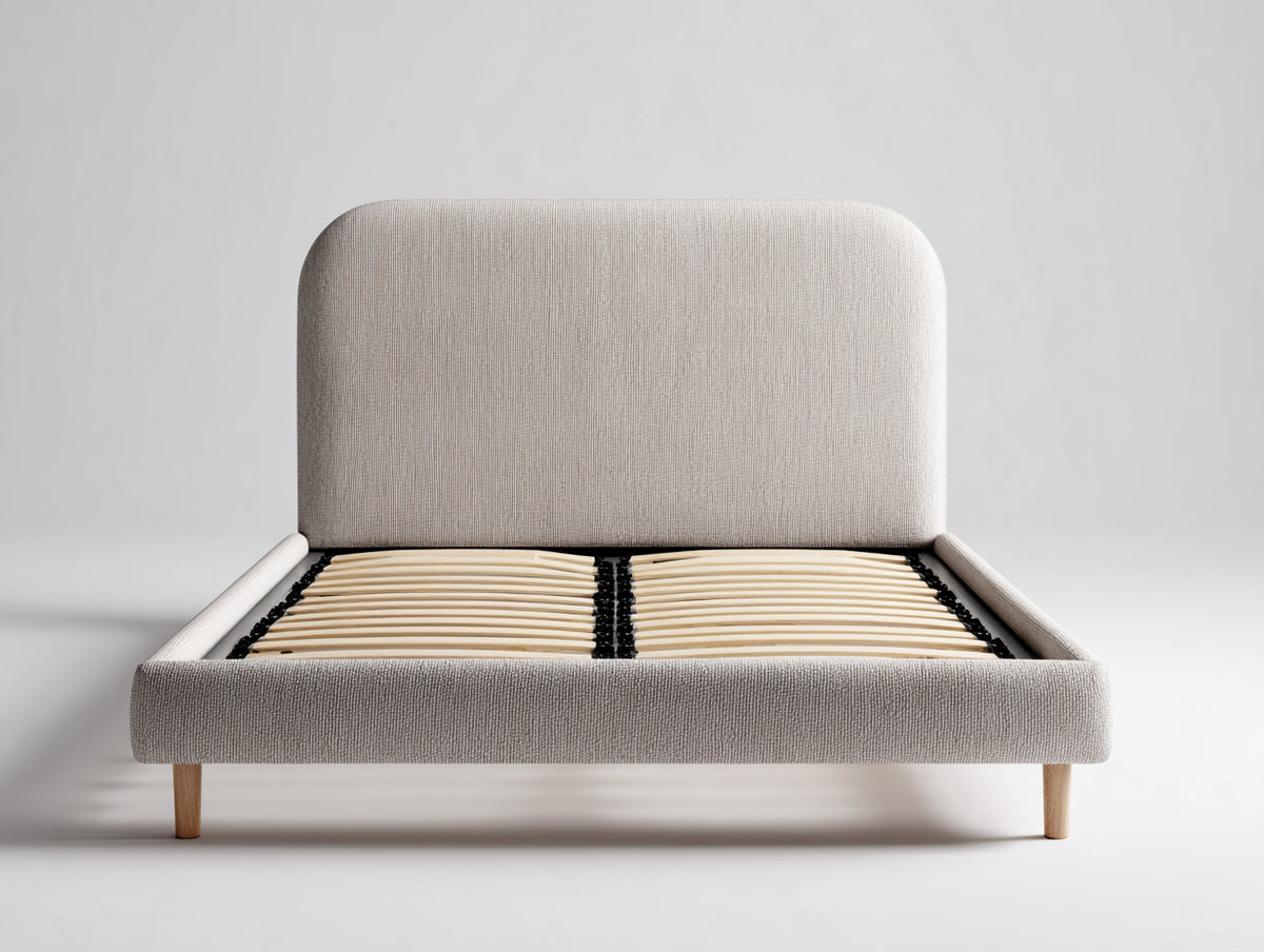 Lit double - tissu-bois - 214 x 170 x 110 cm - beige clair - style moderne