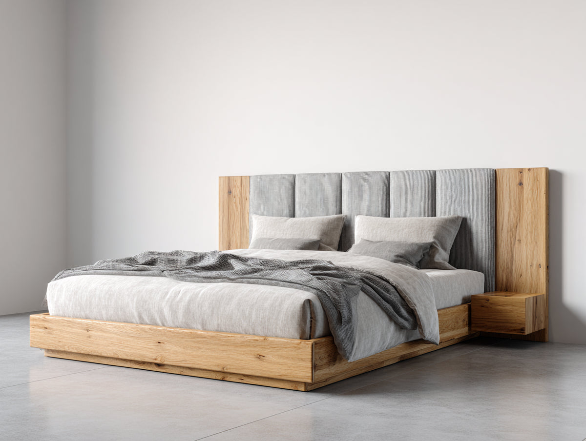 Lit double - bois-tissu - 230 x 200 x 115 cm - bois naturel-gris - style moderne