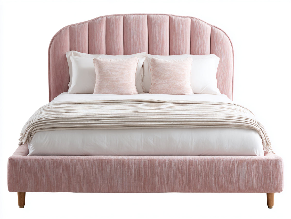 Lit double - tissu-bois - 220 x 180 x 125 cm - rose poudré - style contemporain
