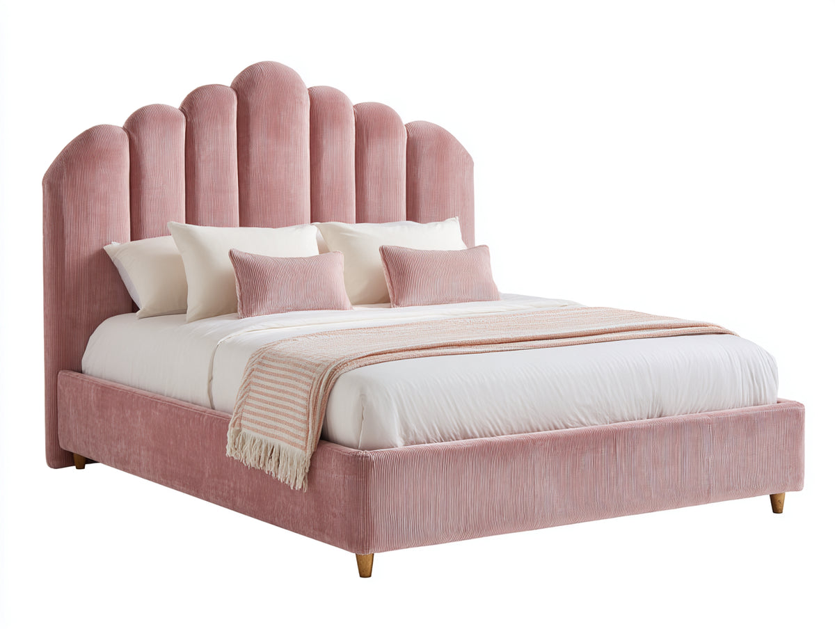 Lit double - tissu-bois - 220 x 180 x 125 cm - rose poudré - style contemporain