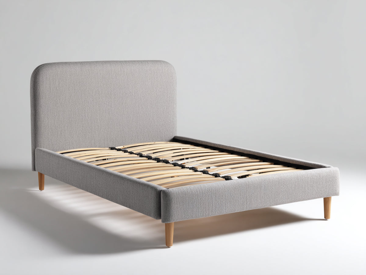 Lit double - tissu-bois - 214 x 170 x 112 cm - gris clair - style moderne