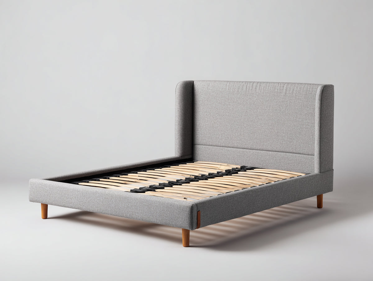 Lit double - tissu-bois - 216 x 170 x 114 cm - gris clair - style contemporain