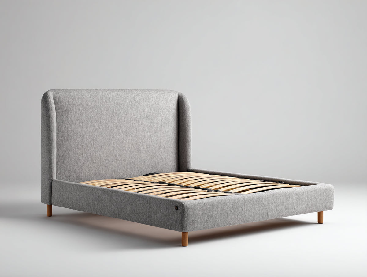 Lit double - tissu-bois - 215 x 168 x 110 cm - gris clair - style moderne
