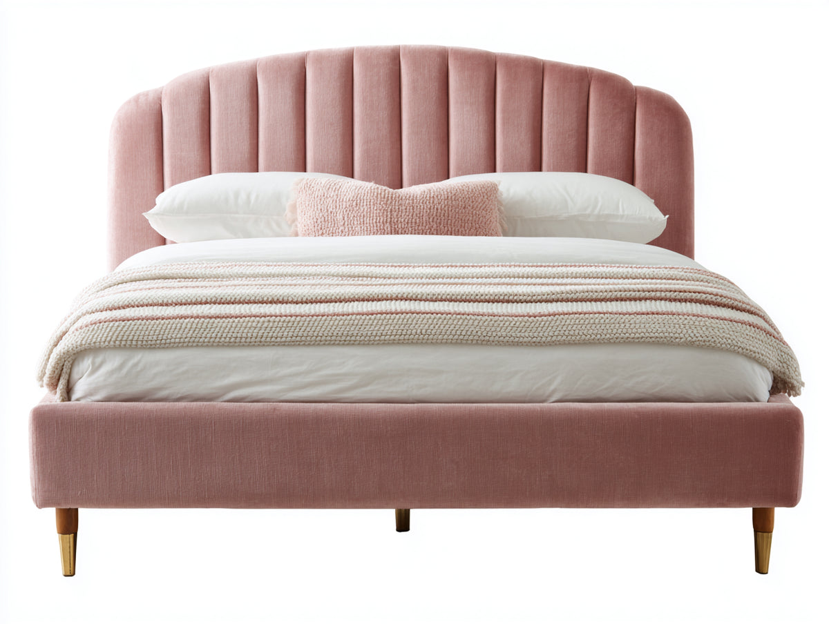 Lit double - tissu-bois - 220 x 180 x 120 cm - rose poudré - style contemporain