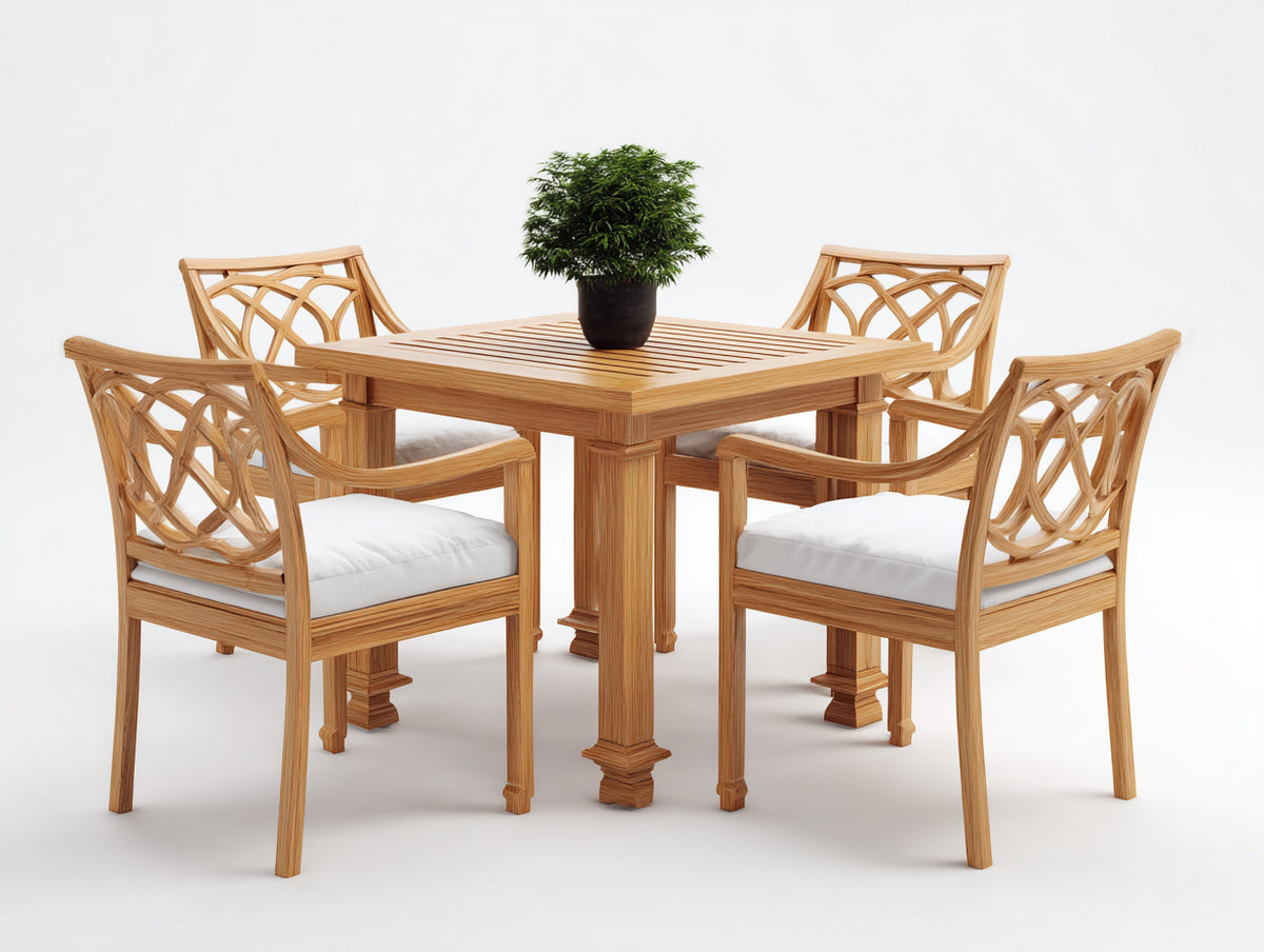 Salon de jardin repas - bois-tissu - 105 x 105 x 76 cm - naturel-blanc - style classique décoratif