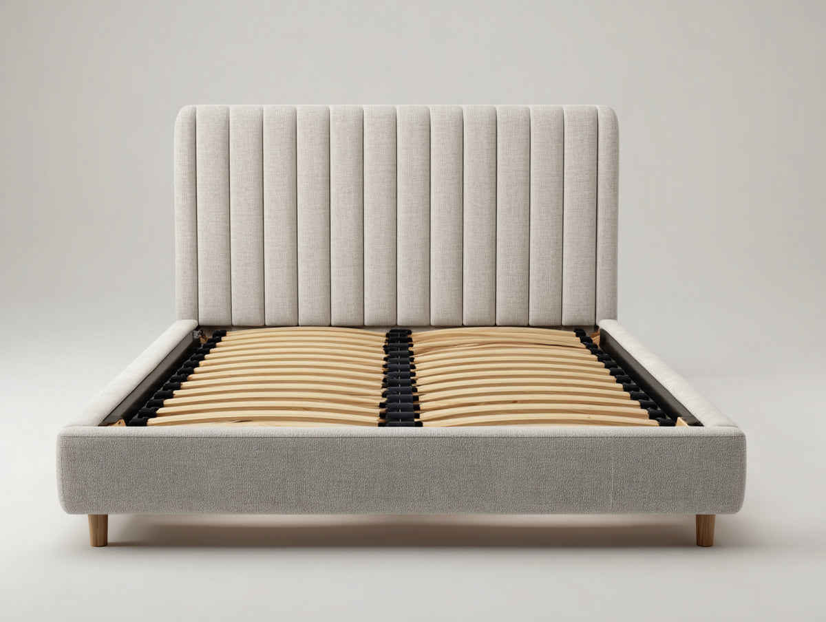 Lit double - tissu-bois - 220 x 180 x 120 cm - beige clair - style contemporain