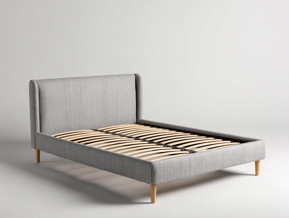 Lit double - tissu-bois - 214 x 170 x 112 cm - gris clair - style moderne